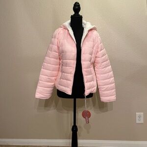 NWT Pink Puffer Hooded Reversible Jacket with White Sherpa Fleece Lining